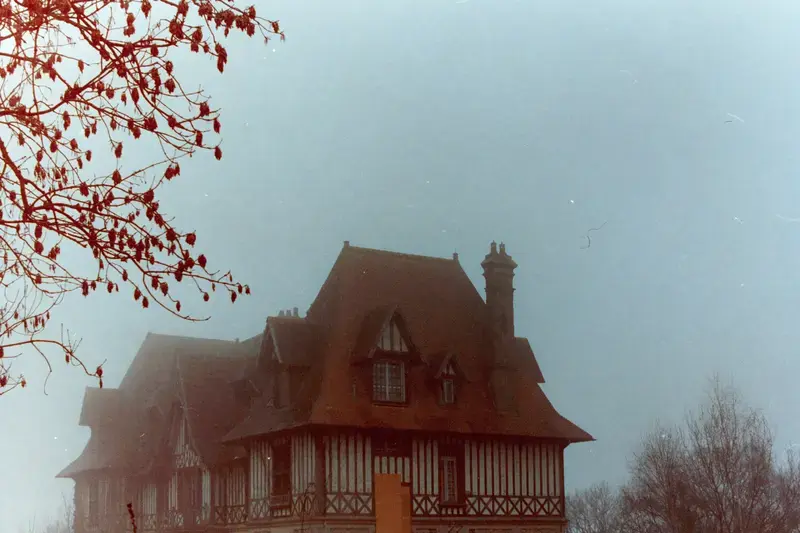 A steep-roofed house seen through red autumn leaves in light fog.